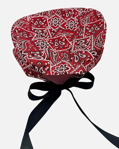 Red bandana fitted scrub cap with back opening and ribbon ties to adjust for fit. in Saudi Arabia