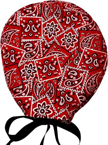 Red bandana fitted scrub cap with back opening and ribbon ties to adjust for fit. in Saudi Arabia