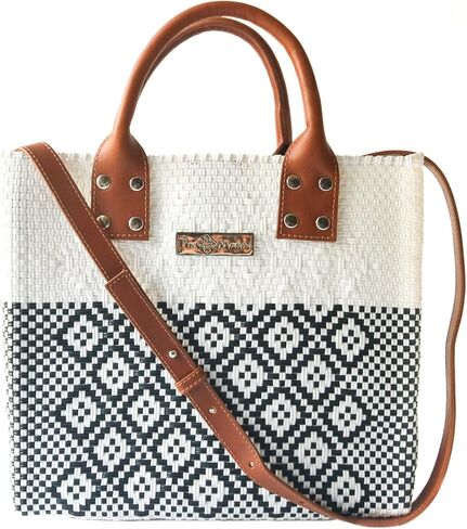 White Large Woven Crossbody Bag - Tan Leather Handles & Crossbody Strap, Handwoven Recycled Plastic Purse, Oaxaca Mexican Woven Tote, Summer Bag, Work Bag, Everyday Purse in Saudi Arabia