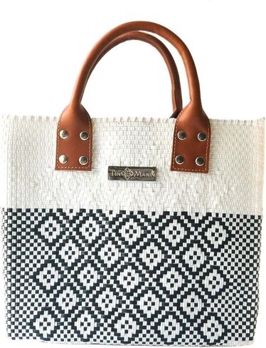 White Large Woven Crossbody Bag - Tan Leather Handles & Crossbody Strap, Handwoven Recycled Plastic Purse, Oaxaca Mexican Woven Tote, Summer Bag, Work Bag, Everyday Purse in Saudi Arabia