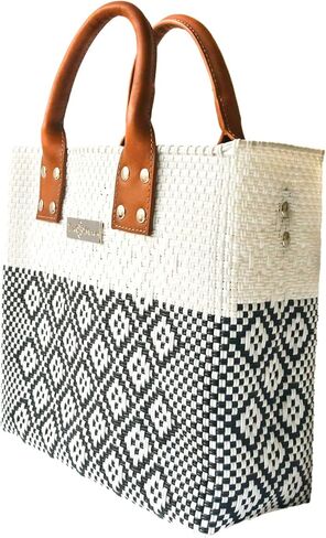 White Large Woven Crossbody Bag - Tan Leather Handles & Crossbody Strap, Handwoven Recycled Plastic Purse, Oaxaca Mexican Woven Tote, Summer Bag, Work Bag, Everyday Purse in Saudi Arabia