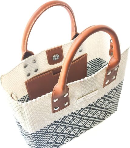 White Large Woven Crossbody Bag - Tan Leather Handles & Crossbody Strap, Handwoven Recycled Plastic Purse, Oaxaca Mexican Woven Tote, Summer Bag, Work Bag, Everyday Purse in Saudi Arabia