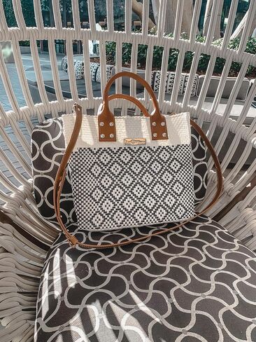 White Large Woven Crossbody Bag - Tan Leather Handles & Crossbody Strap, Handwoven Recycled Plastic Purse, Oaxaca Mexican Woven Tote, Summer Bag, Work Bag, Everyday Purse in Saudi Arabia