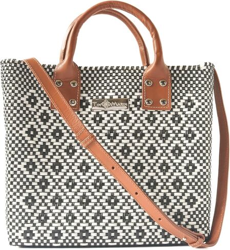 حقيبة Crossbody كبيرة المنسوجة - مقابض جلدية تان وحزام Crossbody ، محفظة بلاستيكية معاد تدويرها يدويًا ، أواكساكا المنسوجة المكسيكية ، حقيبة صيفية ، حقيبة عمل ، محفظة كل يوم in Saudi Arabia