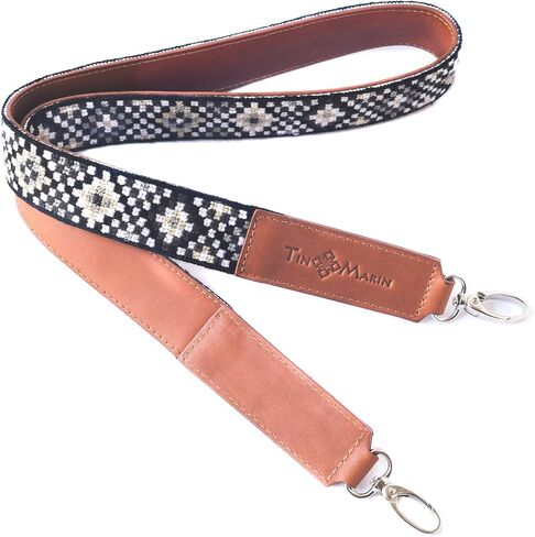 Woven Bag Strap - Black & White with Tan Leather, Purse Strap, Hand Woven Bag Strap, Embroidered Crossbody Strap, Guitar Strap in Saudi Arabia