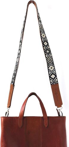 Woven Bag Strap - Black & White with Tan Leather, Purse Strap, Hand Woven Bag Strap, Embroidered Crossbody Strap, Guitar Strap in Saudi Arabia
