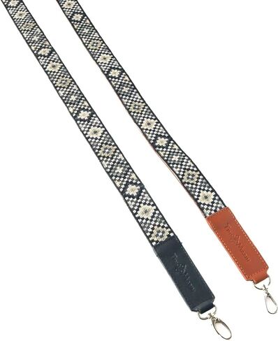 Woven Bag Strap - Black & White with Tan Leather, Purse Strap, Hand Woven Bag Strap, Embroidered Crossbody Strap, Guitar Strap in Saudi Arabia