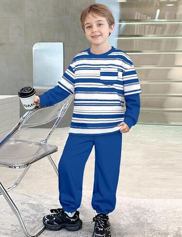Boys Clothes with Solid Color Boys Sweatpants and Striped Pocket Sweatshirt 2 Piece Fall Winter Kids Clothing 4-12Y in Kuwait