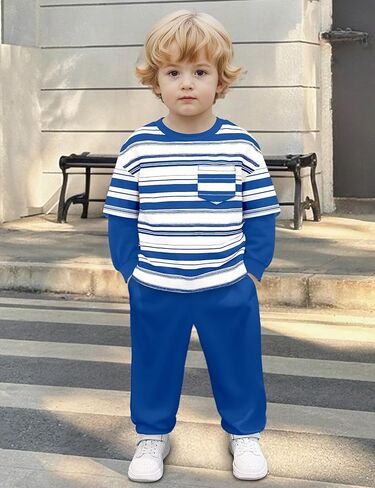 Boys Clothes with Solid Color Boys Sweatpants and Striped Pocket Sweatshirt 2 Piece Fall Winter Kids Clothing 4-12Y in Kuwait