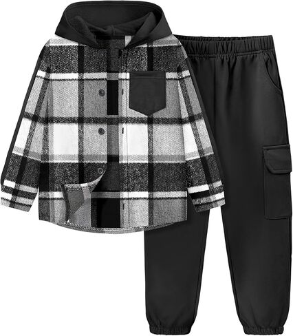Toddler Boy Clothes Plaid Button Down Long Sleeve Hooded Shirt Tops Pants with Pockets 2Pcs Fall Winter Outfits 3-8Y in Kuwait