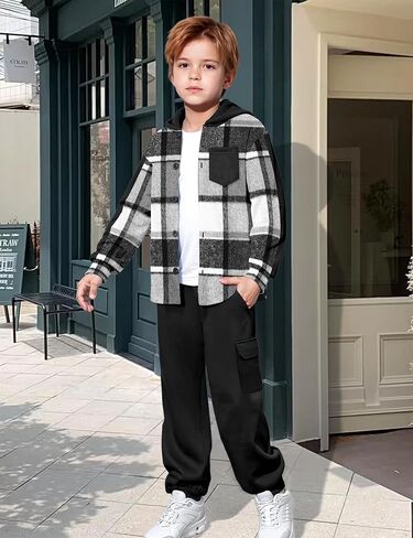 Toddler Boy Clothes Plaid Button Down Long Sleeve Hooded Shirt Tops Pants with Pockets 2Pcs Fall Winter Outfits 3-8Y in Kuwait