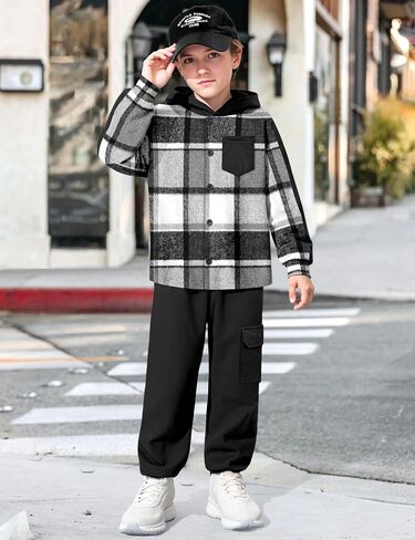 Toddler Boy Clothes Plaid Button Down Long Sleeve Hooded Shirt Tops Pants with Pockets 2Pcs Fall Winter Outfits 3-8Y in Kuwait
