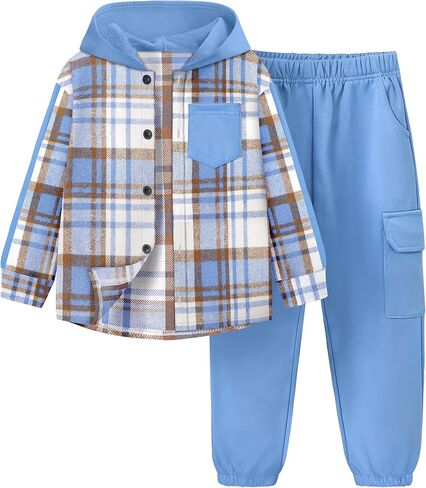 Toddler Boy Clothes Plaid Button Down Long Sleeve Hooded Shirt Tops Pants with Pockets 2Pcs Fall Winter Outfits 3-8Y in Kuwait