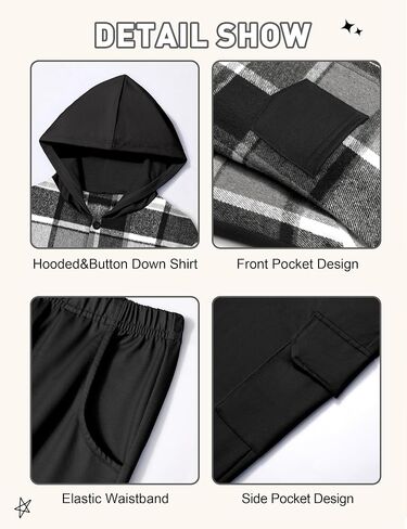 Toddler Boy Clothes Plaid Button Down Long Sleeve Hooded Shirt Tops Pants with Pockets 2Pcs Fall Winter Outfits 3-8Y in Kuwait