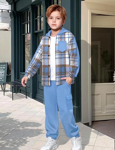 Toddler Boy Clothes Plaid Button Down Long Sleeve Hooded Shirt Tops Pants with Pockets 2Pcs Fall Winter Outfits 3-8Y in Kuwait
