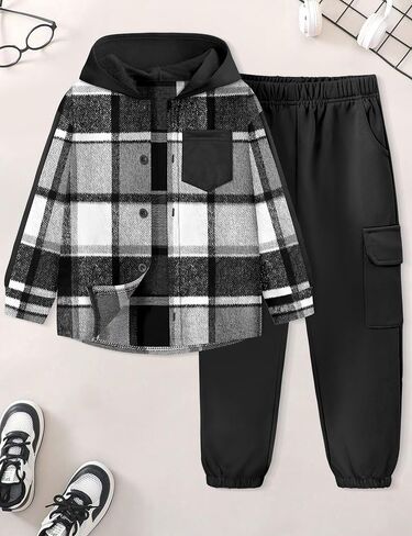 Toddler Boy Clothes Plaid Button Down Long Sleeve Hooded Shirt Tops Pants with Pockets 2Pcs Fall Winter Outfits 3-8Y in Kuwait