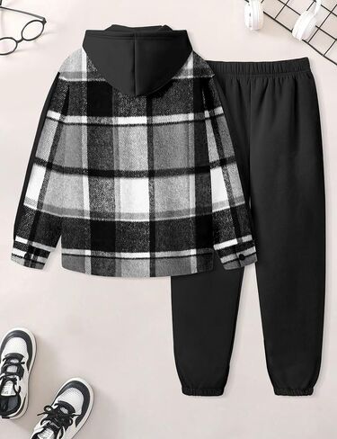 Toddler Boy Clothes Plaid Button Down Long Sleeve Hooded Shirt Tops Pants with Pockets 2Pcs Fall Winter Outfits 3-8Y in Kuwait
