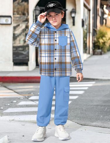 Toddler Boy Clothes Plaid Button Down Long Sleeve Hooded Shirt Tops Pants with Pockets 2Pcs Fall Winter Outfits 3-8Y in Kuwait