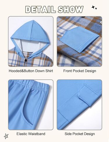 Toddler Boy Clothes Plaid Button Down Long Sleeve Hooded Shirt Tops Pants with Pockets 2Pcs Fall Winter Outfits 3-8Y in Kuwait