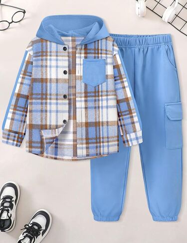 Toddler Boy Clothes Plaid Button Down Long Sleeve Hooded Shirt Tops Pants with Pockets 2Pcs Fall Winter Outfits 3-8Y in Kuwait