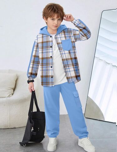 Toddler Boy Clothes Plaid Button Down Long Sleeve Hooded Shirt Tops Pants with Pockets 2Pcs Fall Winter Outfits 3-8Y in Kuwait