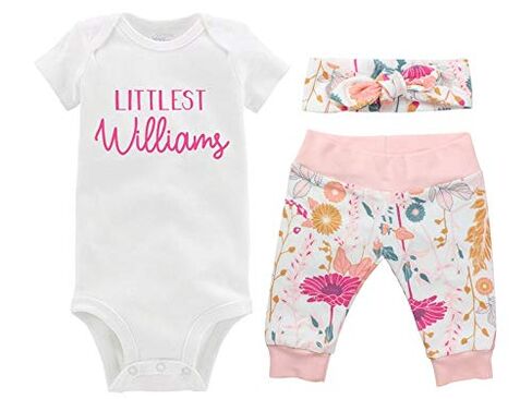 Littlest Personalized Last Name Girl Baby Pink White Floral Coming Home Outfit - Bodysuit, Yoga Pant, Top Knot Headband in Saudi Arabia