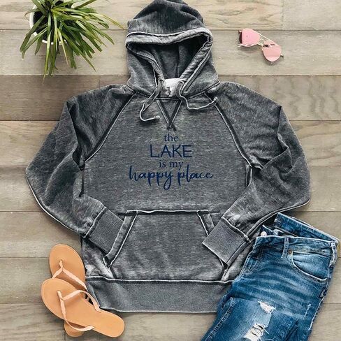 The Lake is my Happy Place Hoodie Lake Life Sweatshirt Bonfire Hoodie Soft Cozy Lightweight Burnout Hooded, Dark Grey in Kuwait