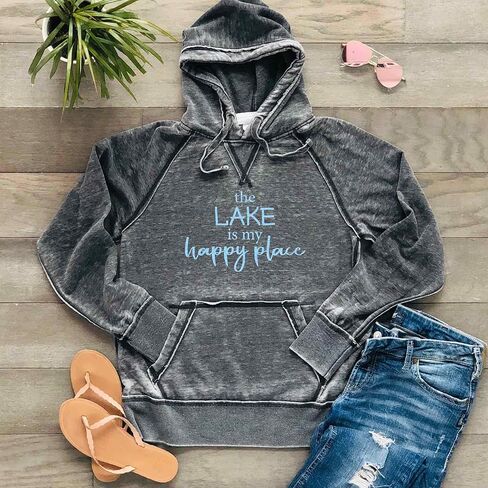 The Lake is my Happy Place Hoodie Lake Life Sweatshirt Bonfire Hoodie Soft Cozy Lightweight Burnout Hooded, Dark Grey in Kuwait