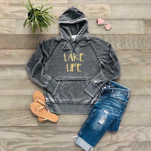 Lake Life Hoodie Sweatshirt Bonfire Lake Bum Soft Lightweight Burnout Hooded Sparkly Matte Metallic in Saudi Arabia