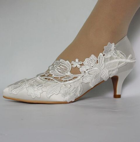 Women Wedding Shoes 2" Laces Bridal Close Toe Shoes Bridesmaid Wedding Heel Party Dress Shoe White in Saudi Arabia