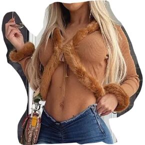 FU-01 Women's Knitted Crop Cardigan With Furry Real Rex Rabbit Fur Trimmed And Long Sleeves V-Neck Sexy Short Coat Top Jacket For Woman (Custom size, Brown) in Kuwait