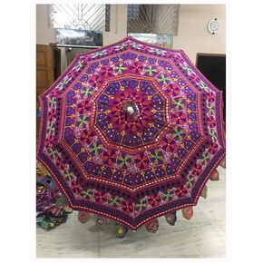 Atrective Indian Handmade Cotton Beach Umbrella UV Protection Umbrella, Sun Umbrella, Embroidery Boho Umbrellas Parasol (Parple Embriodery) in Kuwait