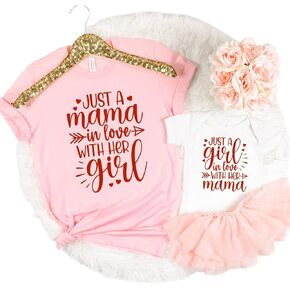 Just A Mama In Love With Her Girl Matching Valentines Day T-shirt For Mom And Baby, Mommy And Me Valentine Shirts Mother Daughter, Valentine's Day Gifts For Mom of Girls, Matching Outfits V-day. in Kuwait