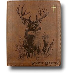 Personalized NIV Journal Bible with Buck Deer Engraving and Custom Name | Lined Wide Margins for Notetaking | Brown, Red Letter, Double-Column | Christian Gift for Hunters and Outdoorsmen in Saudi Arabia