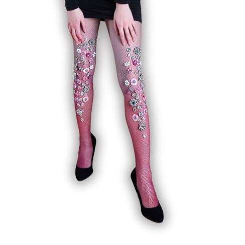 مزينة بجوارب شبكة صيد من الأحجار الثمينة ، طماق انتقال الألوان ، لباس ضيق ثلاثي الأبعاد مصنوع يدويًا ، جوارب شبكة صيد فريدة من نوع in Kuwait