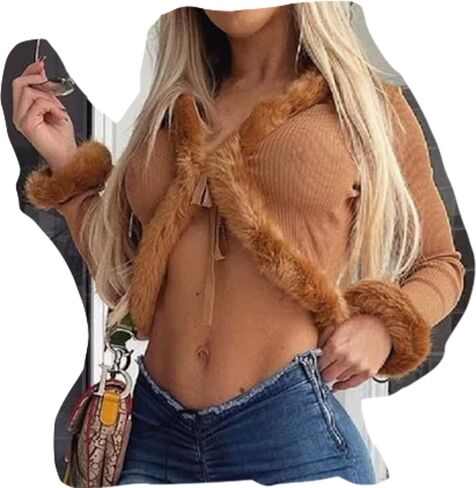 FU-01 Women's Knitted Crop Cardigan With Furry Real Rex Rabbit Fur Trimmed And Long Sleeves V-Neck Sexy Short Coat Top Jacket For Woman (Custom size, Brown) in Kuwait