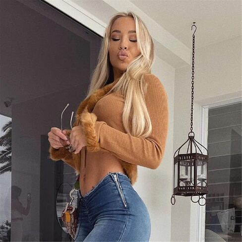 FU-01 Women's Knitted Crop Cardigan With Furry Real Rex Rabbit Fur Trimmed And Long Sleeves V-Neck Sexy Short Coat Top Jacket For Woman (Custom size, Brown) in Kuwait