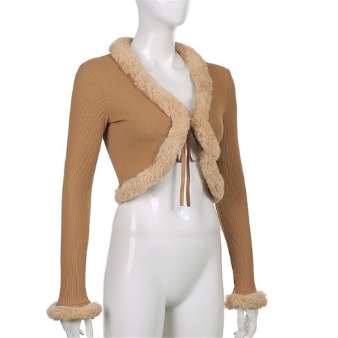 FU-01 Women's Knitted Crop Cardigan With Furry Real Rex Rabbit Fur Trimmed And Long Sleeves V-Neck Sexy Short Coat Top Jacket For Woman (Custom size, Brown) in Kuwait