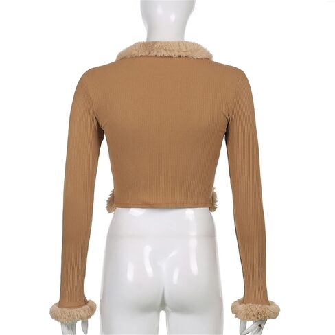 FU-01 Women's Knitted Crop Cardigan With Furry Real Rex Rabbit Fur Trimmed And Long Sleeves V-Neck Sexy Short Coat Top Jacket For Woman (Custom size, Brown) in Kuwait