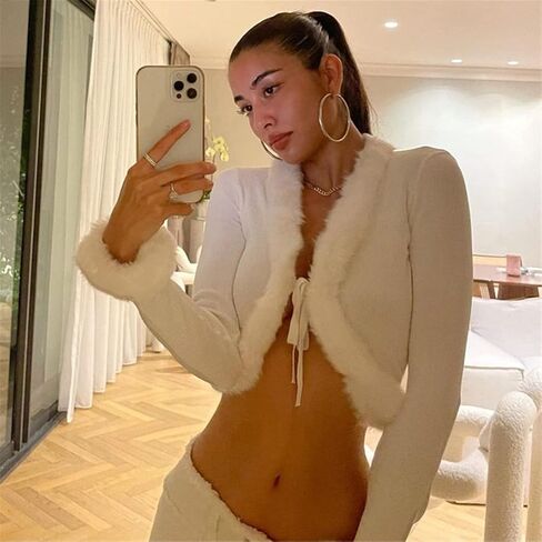 Cardigan Fu-01 للسيدات المحاصيل المحبوكة مع فروي فروي ريكس أرنب من الفرو المليئة والأكمام الطويلة الخامسة معطف قصير معطف قصير للمرأة (حجم مخصص ، بني) in Kuwait