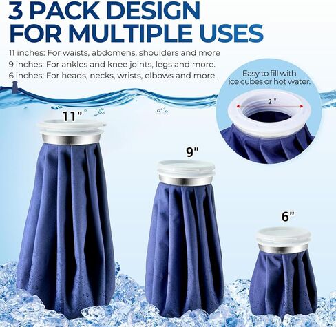 Ice Bag Packs, Ohuhu 3 Pack [11" 9" 6"] Reusable Ice Bags for Injuries with a Adjustable Wrap, Hot & Cold Therapy and Pain Relief for Knee Leg Injury, 4-Pack (6"/9"/11"), No-Leak Waterproof Ice Bag in Kuwait