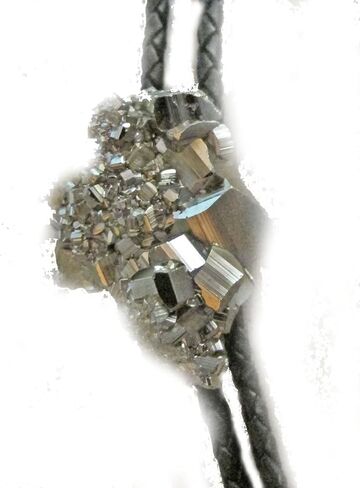 Man's Southwestern Bolo Tie featuring Pyrite or Fool's Gold with Black Leather Cords and Gold Tone Tips in Saudi Arabia