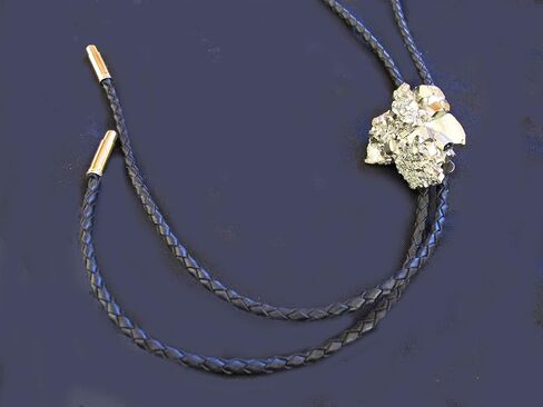 Man's Southwestern Bolo Tie featuring Pyrite or Fool's Gold with Black Leather Cords and Gold Tone Tips in Saudi Arabia