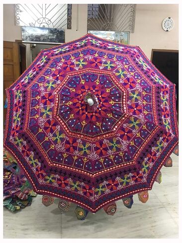 Atrective Indian Handmade Cotton Beach Umbrella UV Protection Umbrella, Sun Umbrella, Embroidery Boho Umbrellas Parasol (Parple Embriodery) in Kuwait
