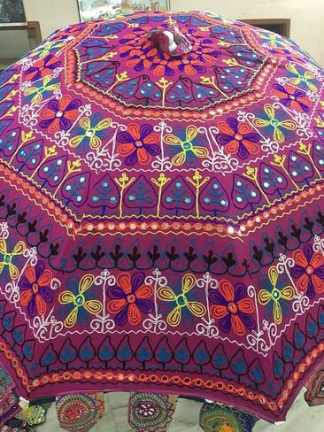 Atrective Indian Handmade Cotton Beach Umbrella UV Protection Umbrella, Sun Umbrella, Embroidery Boho Umbrellas Parasol (Parple Embriodery) in Kuwait
