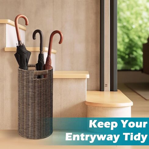 Rattan Umbrella Holder 20.8" H X 10" D,Handmade Wicker Umbrella Stand Indoor with Dip Tray,Sturdy Umbrella Holders for Entryway,Umbrella Bucket Fits Mudroom,Walking Canes,Home,Office (Brown) in Saudi Arabia