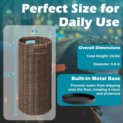 Rattan Umbrella Holder 20.8" H X 10" D,Handmade Wicker Umbrella Stand Indoor with Dip Tray,Sturdy Umbrella Holders for Entryway,Umbrella Bucket Fits Mudroom,Walking Canes,Home,Office (Brown) in Saudi Arabia