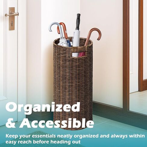 Rattan Umbrella Holder 20.8" H X 10" D,Handmade Wicker Umbrella Stand Indoor with Dip Tray,Sturdy Umbrella Holders for Entryway,Umbrella Bucket Fits Mudroom,Walking Canes,Home,Office (Brown) in Saudi Arabia