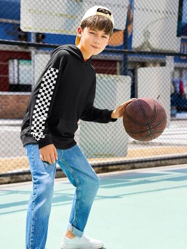 Haloumoning Girls Hoodies Kids Boys Fashion Plaid Long Sleeve Witshirt مع Kangaroo Pocket 5-14 سنوات in Saudi Arabia
