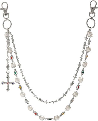 Layered Daisy Pearl Wallet Chain Rhinestone Flower Heart Cross Bag Charms Keychain Pants Jean Chains for Women Men in Saudi Arabia